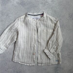 Zara Baby Boy Cream Collarless Linen Shirt with Thin Blue Stripes